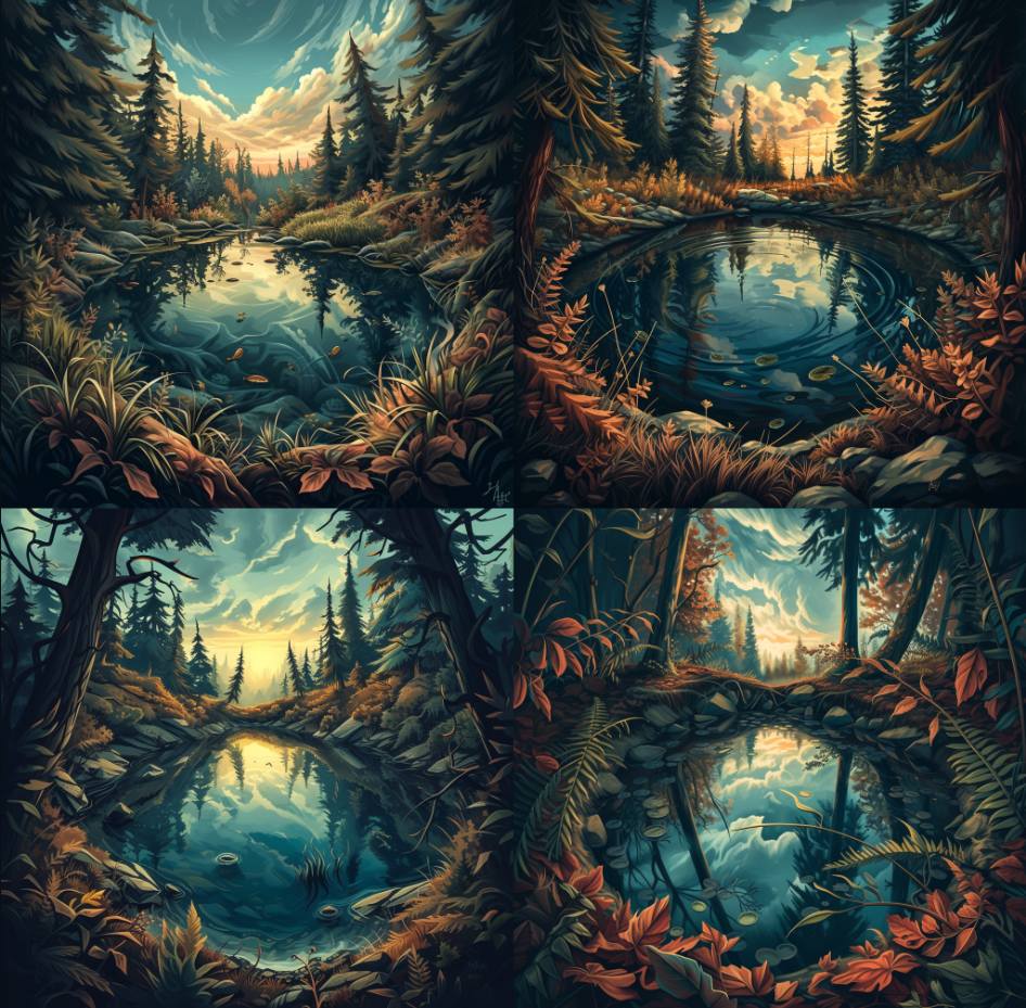 4 images of a forest with a pondin 2x2 grid generated by Midjourney with the same acrylic style as the previously generated mountain image