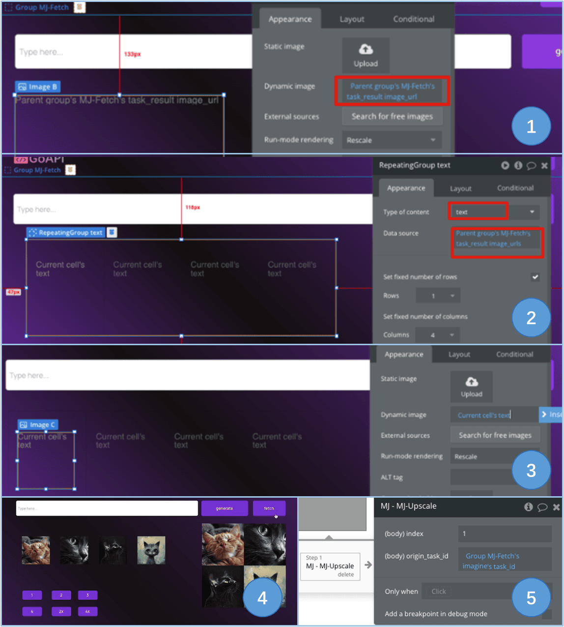 an illustration of how to use image element and RepeatingGroup element to display the image_urls from the fetch results